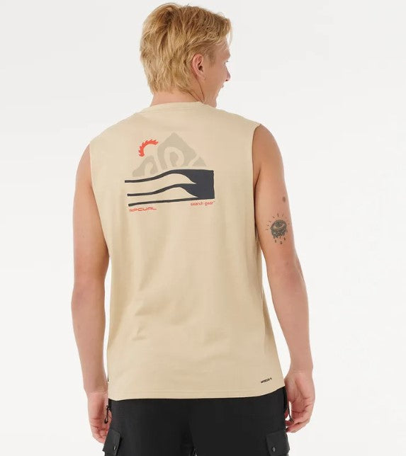 Rip Curl Vaporcool Search Range Muscle Top in khaki on model from rear