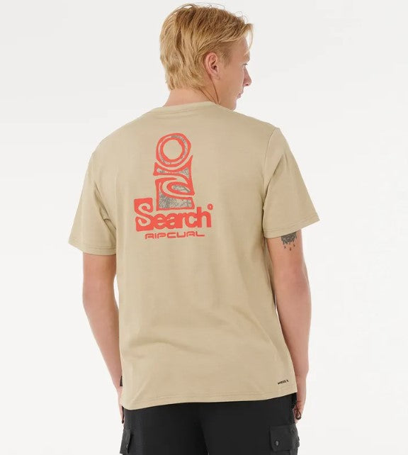Rip Curl Vaporcool Search Stack Mens T-Shirt in khaki with red print from rear