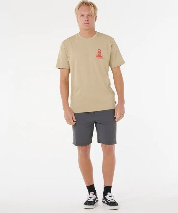 Rip Curl Vaporcool Search Stack Mens T-Shirt in khaki on model wearing grey shorts from front