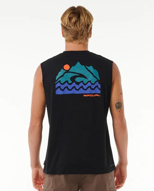 Rip Curl Vaporcool Search Trek Muscle Top in black on model from rear showing print