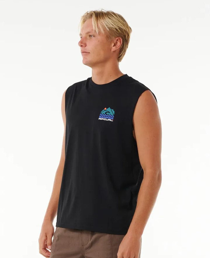 Rip Curl Vaporcool Search Trek Muscle Top in black on model from front view