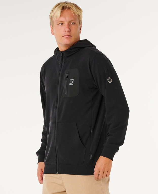 Rip Curl Vaporcool Search Zip Through Hoodie in black on model from side