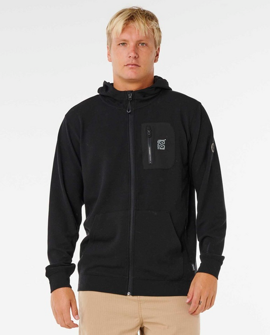 Rip Curl Vaporcool Search Zip Through Hoodie in black on model from front
