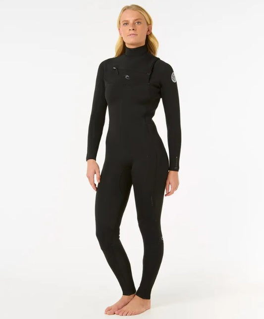 Rip Curl Womens Dawn Patrol 3/2mm Chest zip GBS Wetsuit in black on blonde model from front