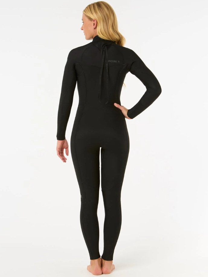 Rip Curl Women's Dawn Patrol 4/3mm Back Zip Wetsuit in black on model from  rear