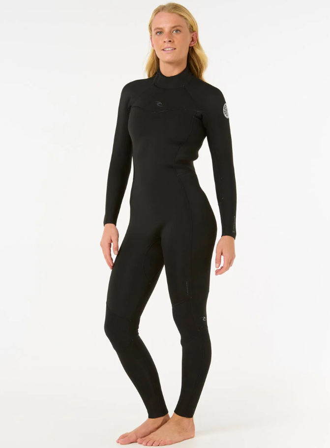 Rip Curl Women's Dawn Patrol 4/3mm Back Zip Wetsuit in black on model from  front/side view