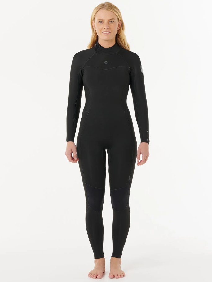 Rip Curl Women's Dawn Patrol 4/3mm Back Zip Wetsuit in black on model from front