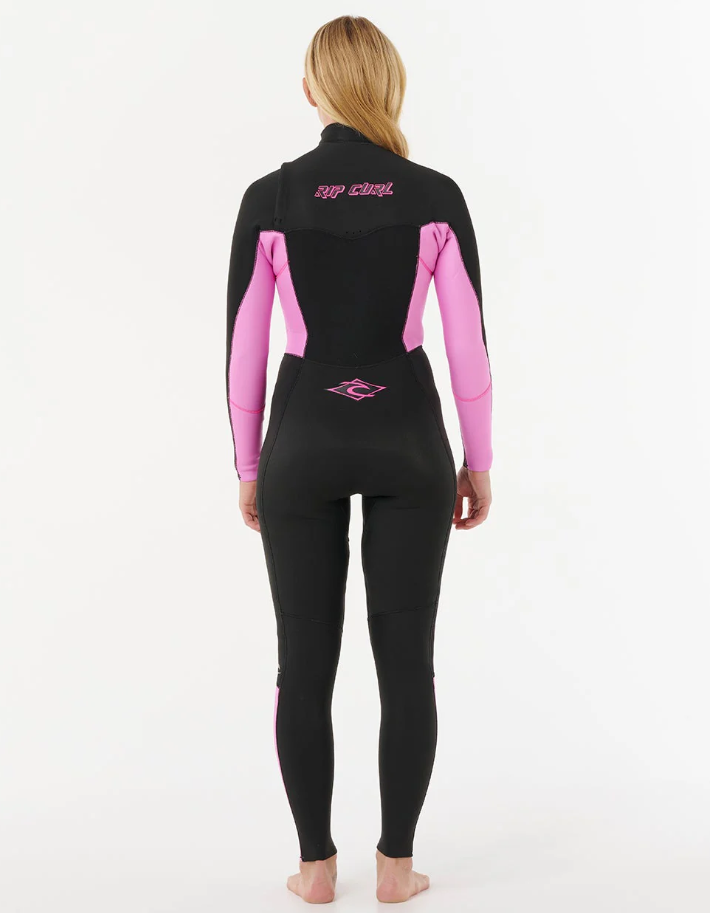 Rip Curl Dawn Patrol 4/3mm Womens Chest Zip Wetsuit in black and pink from rear