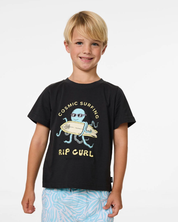 Rip Curl Cosmic Surfing Boys T-Shirt in washed black with octopus with surfboard print on the front