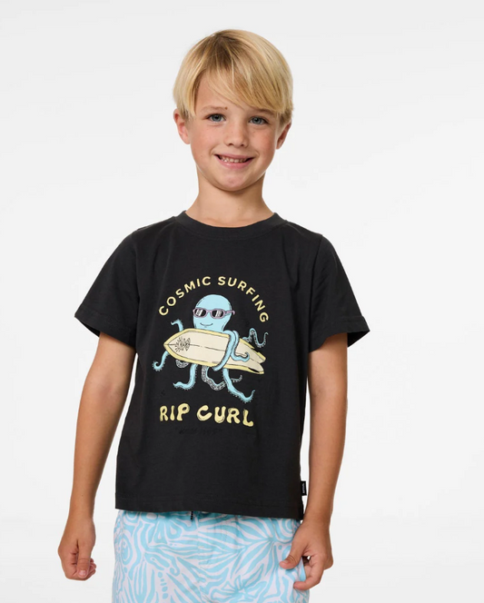 Rip Curl Cosmic Surfing Boys T-Shirt in washed black with octopus with surfboard print on the front