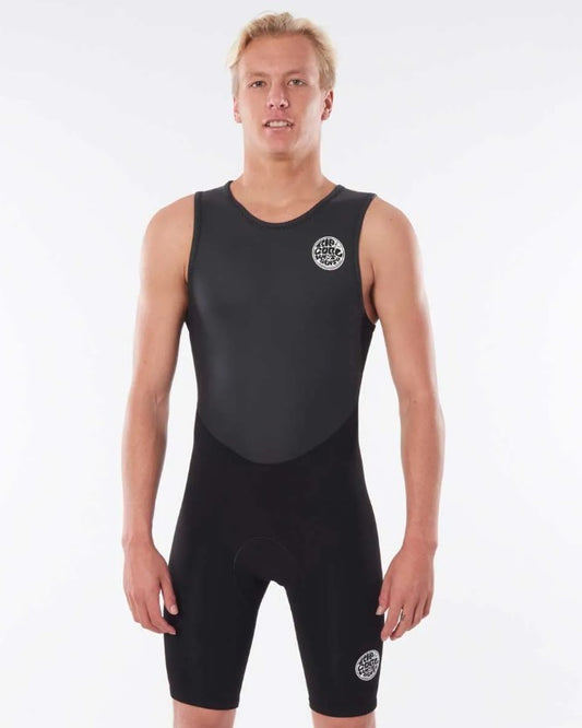 Rip Curl Men's Dawn Patrol Short John wetsuit on model from front in black colourway