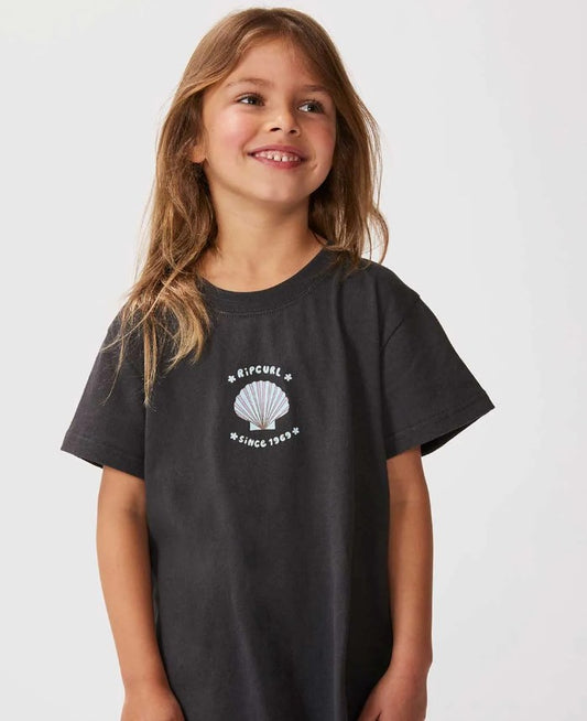 Dark haired girl wearing Rip Curl LA Tropica Girl's Tee in washed black from front