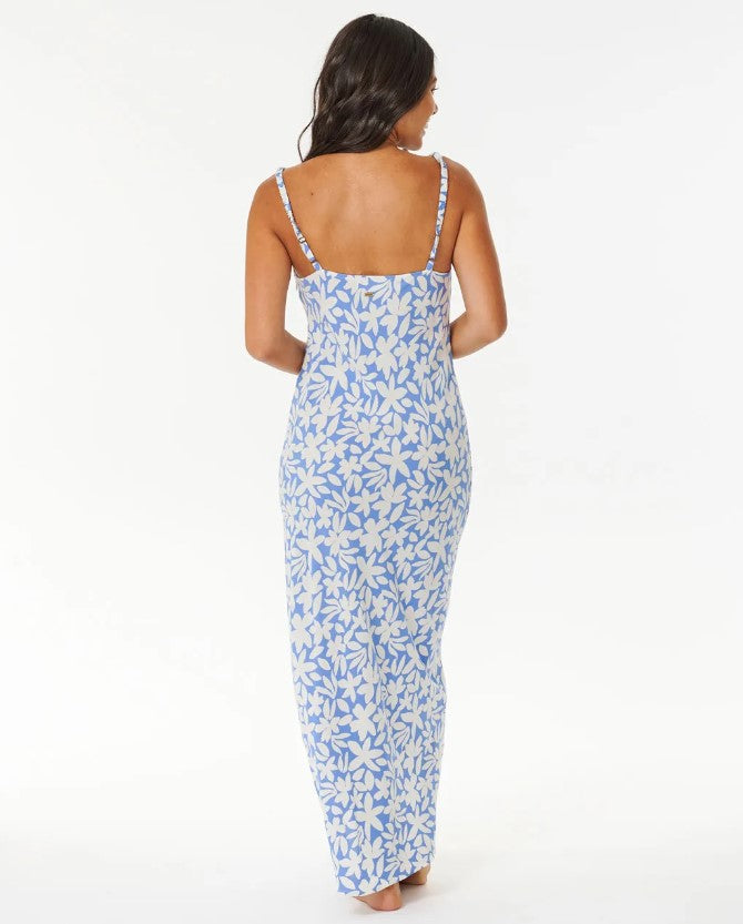 Rip Curl Holiday Tropics Midi Women's Dress in mid blue from the back