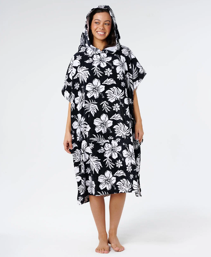 Rip Curl Mixed Hooded Towel in black with white floral detail on model from front