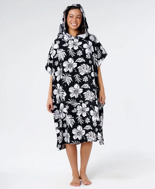 Rip Curl Mixed Hooded Towel in black with white floral detail on model from front