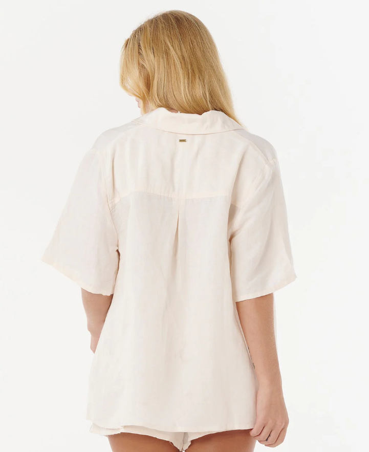 Rip Curl Oceanic Embroidered Women's Shirt in shell colourway with blue embroidery on model from the  rear