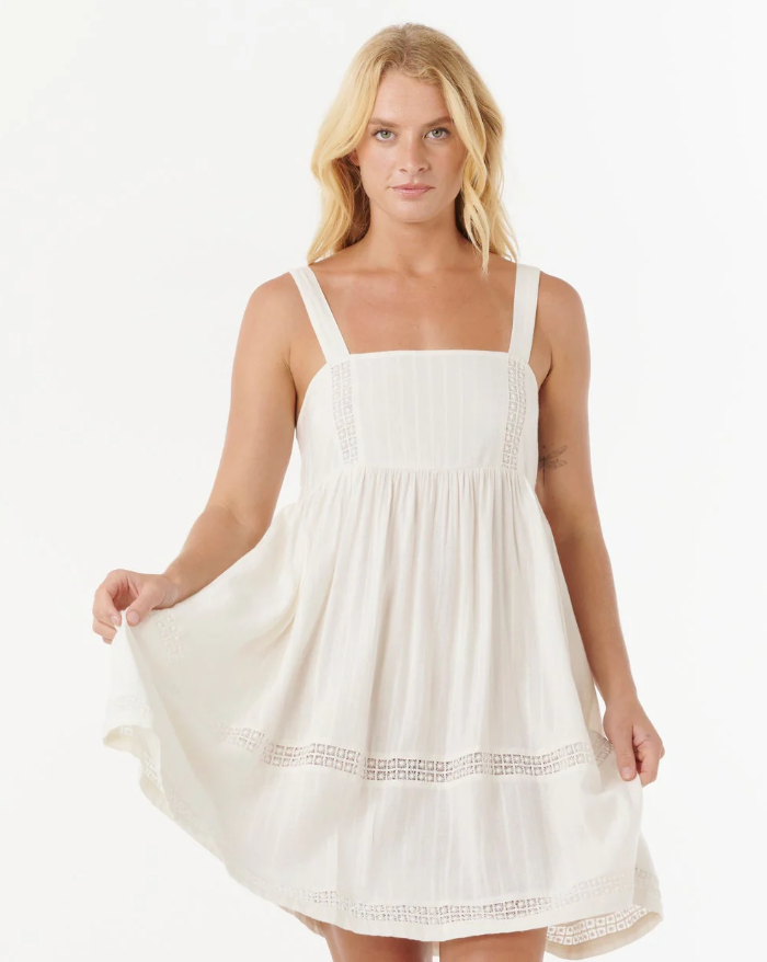 Rip Curl Pacific Free Women's Cover Up in bone colourway on blonde model from front