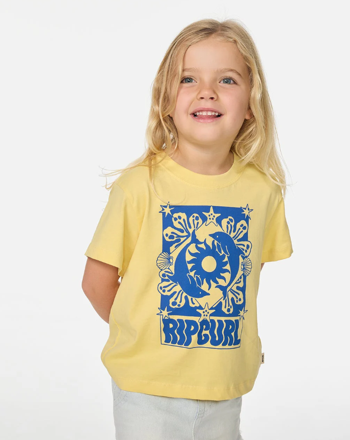 Rip Curl Girls Sun Swell Dolphin Tee in yellow with blue dolphin print from front