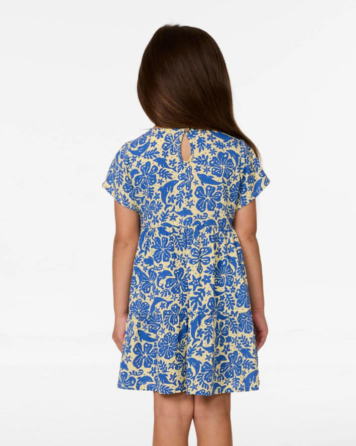 Rip Curl Girls Sun Swell Dress in blue floral from rear