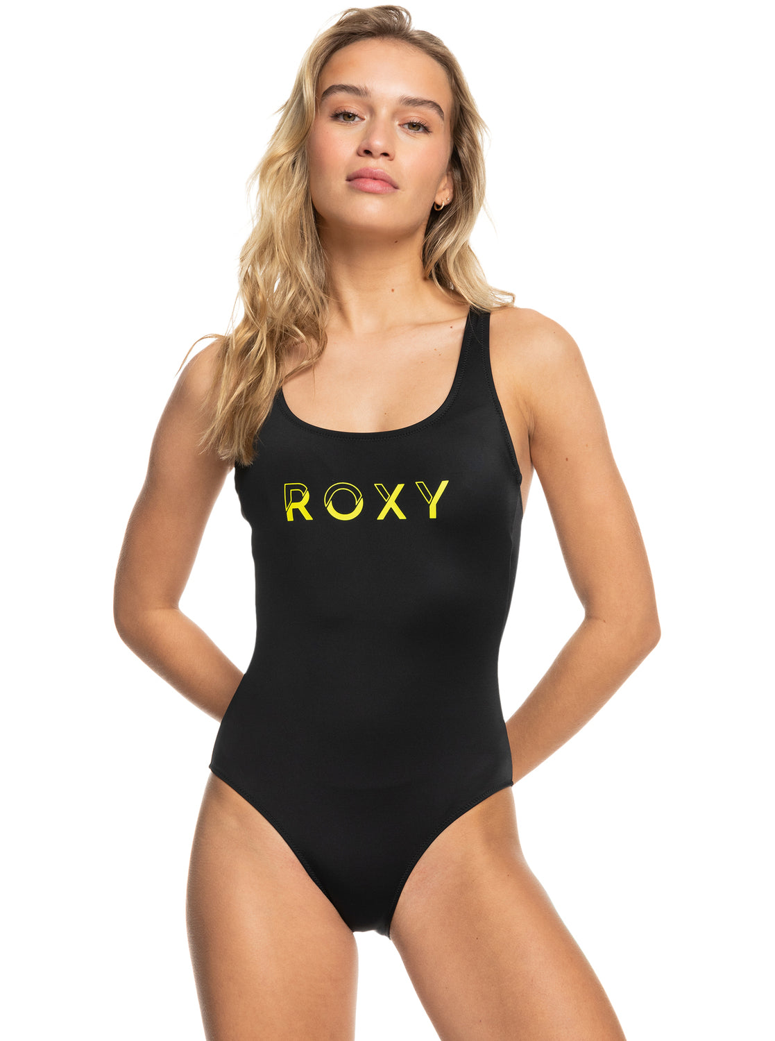 Roxy Active SD Crossback Onepiece Swimwear in anthracite on model from front