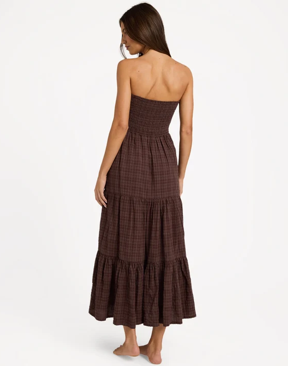 Roxy Baby Mine Maxi Dress in java colourway on model from rear