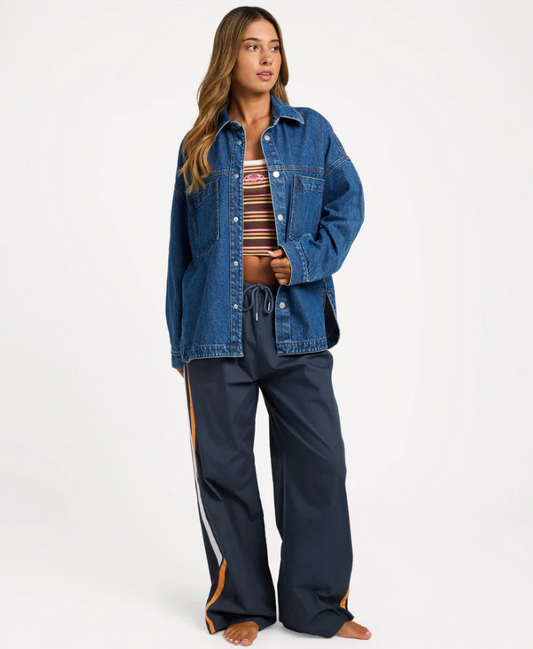 Roxy Backslider Women's Denim Jacket in blue on model from front