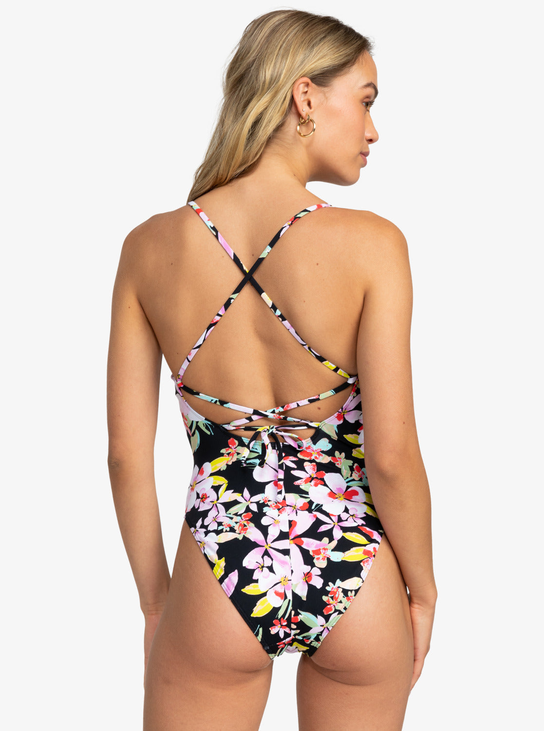 Roxy Beach Classics One Piece Swimwear in anthracite new life colourway on model from rear