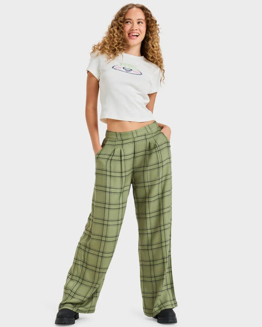 Roxy Beach Love Women's T-Shirt  in egret white colourway on model in green checked pants