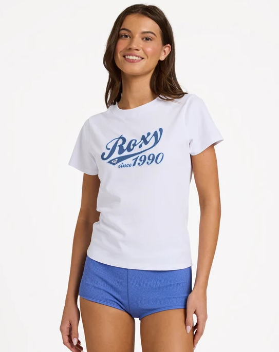 Roxy Break Of Dawn Women's T-Shirt in white with blue chest print on model from front close up