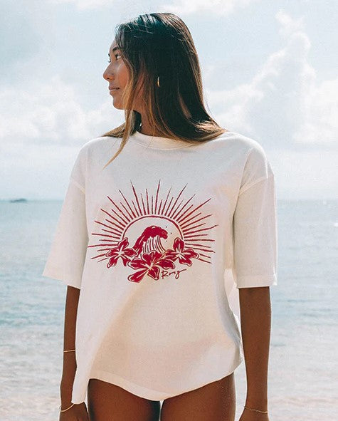 Roxy Chaser Tee  in egret white on model at the beach