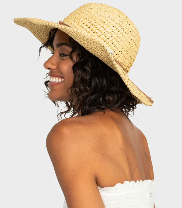 Roxy Cherish Summer Straw Hat in natural colourway on model