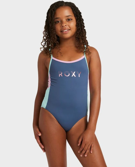 Roxy Colorblock One Piece Girls Swimwear in vintage indigo with multi coloured detail on model from front 