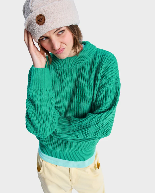 Roxy Coming Home Again Crew Knit
  in sea green on model in white beanie from front
