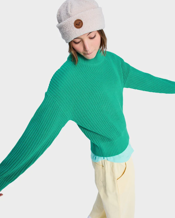 Roxy Coming Home Again Crew Knit
  in sea green on model from front/side view
