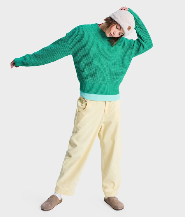 Roxy Coming Home Again Crew Knit
  in sea green on model in natural coloured trousers from front