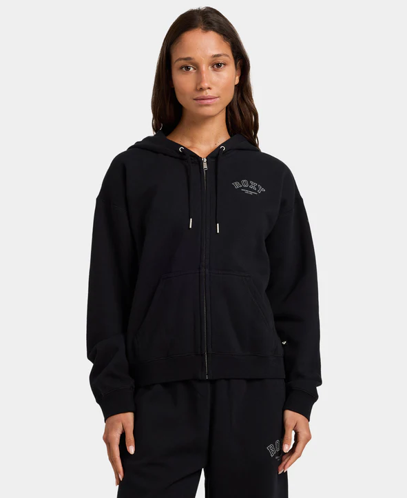Roxy Dreamy Days Zip Hoodie in black on model from front