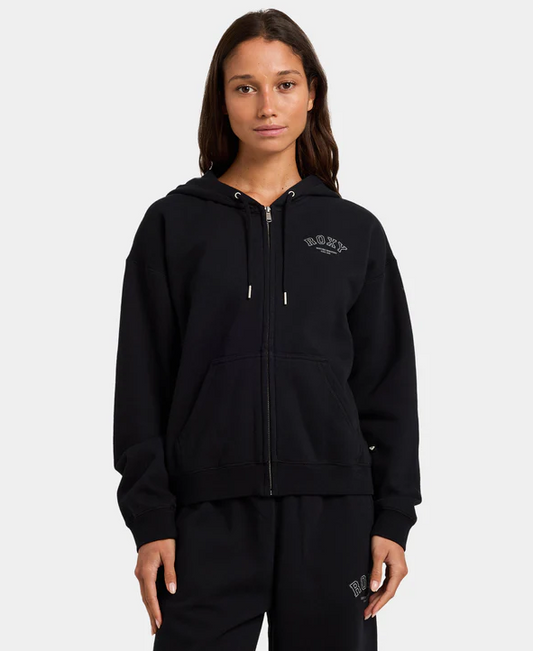 Roxy Dreamy Days Zip Hoodie in black on model from front