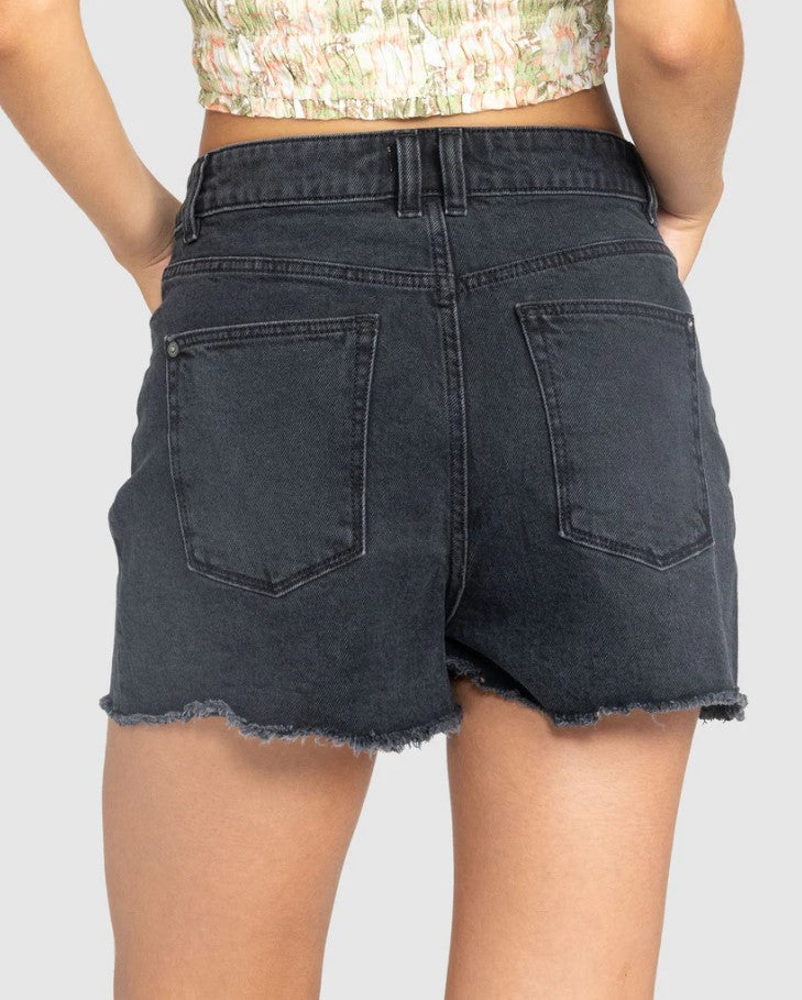 Roxy Eva Denim Shorts in colour anthracite on model back veiw