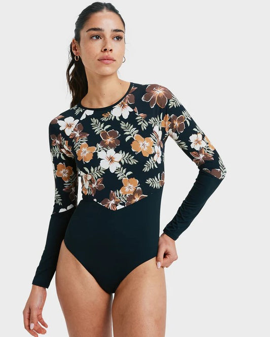 Roxy Fashion Onesie Surfsuit  in black with floral detail from front