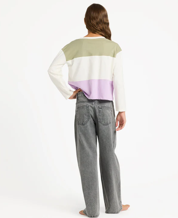 Roxy Dawn Patrol Mid Rise Girls Jeans in lavy colourway on model in roxy top from rear
