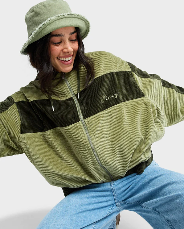 Roxy Have A Blast Womens Cord Jacket
  in oil green on model in blue jeans  zipped up