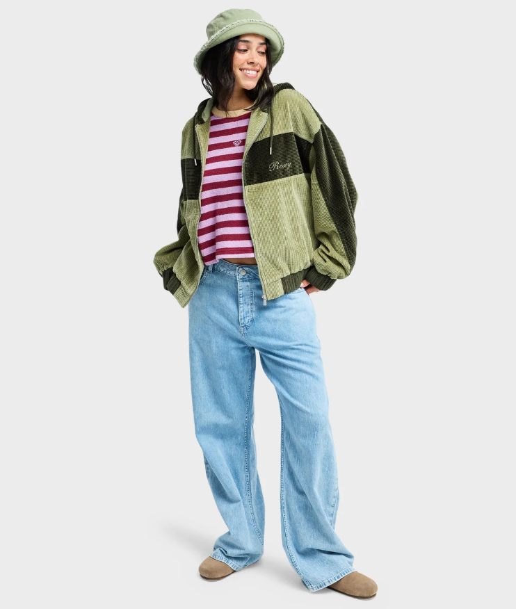 Roxy Have A Blast Womens Cord Jacket
  in oil green on model in blue jeans and pink striped Roxy tee