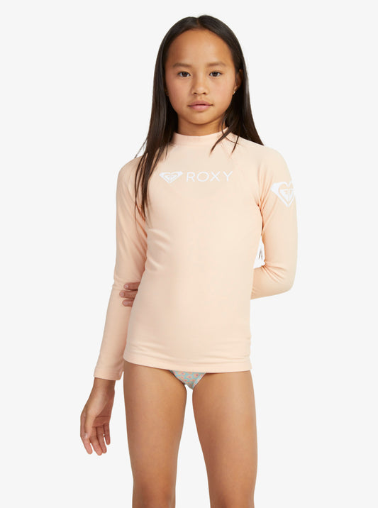 Roxy Heater Thermal Long Sleeve Girls Rash Vest in peach parfait colourway on model