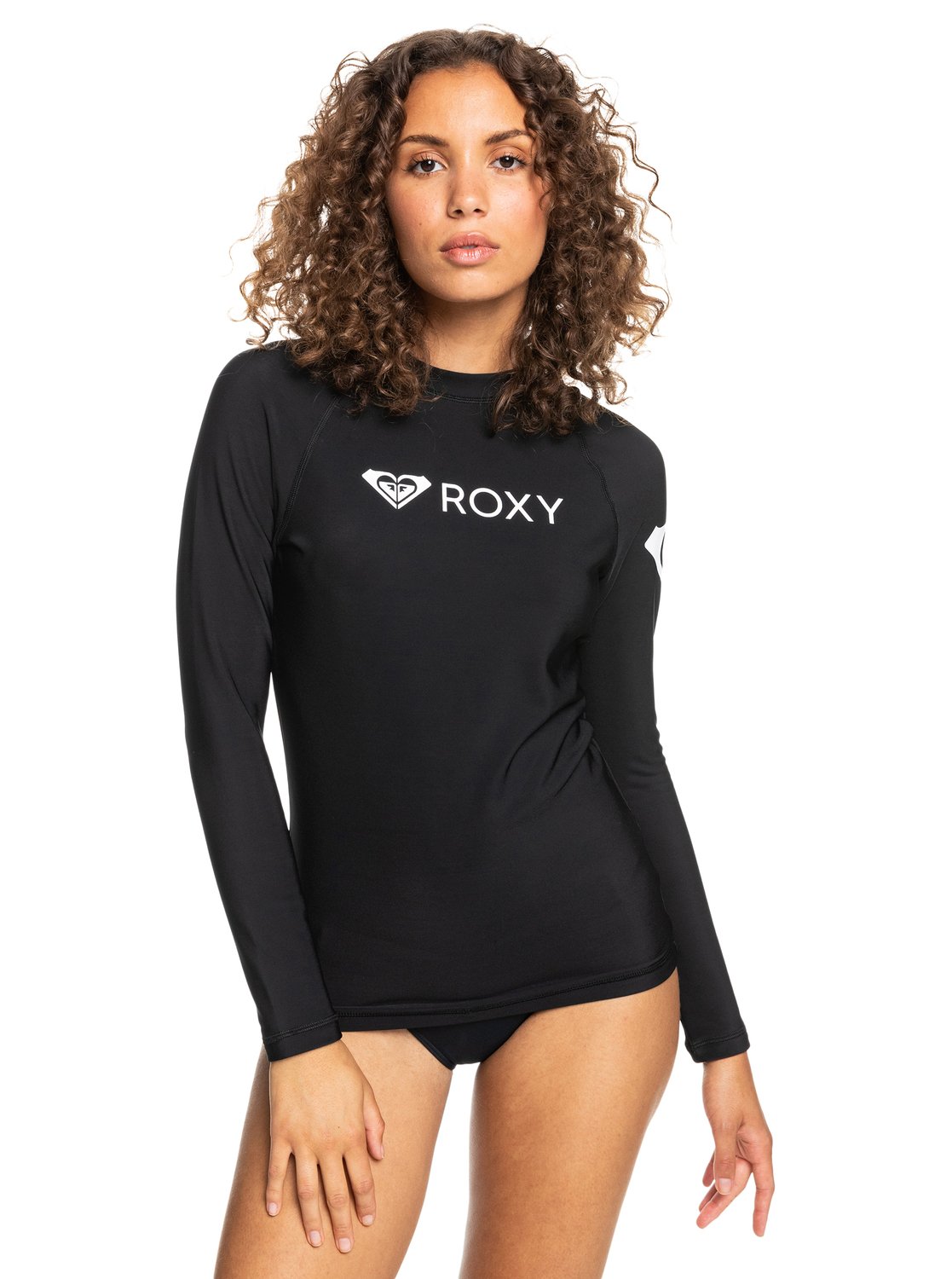 Roxy Heater Long Sleeve Thermal Rash Top in anthracite colourway on dark haired model