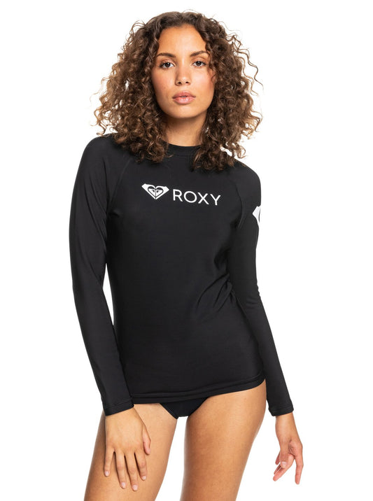 Roxy Heater Long Sleeve Thermal Rash Top in anthracite colourway on dark haired model