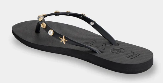 Roxy Hema Women's Jandals in black with metallic looking shell adornments showing right from inside