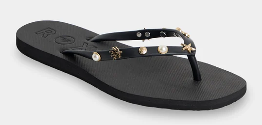 Roxy Hema Women's Jandals in black with metallic looking shell adornments showing right one from the side