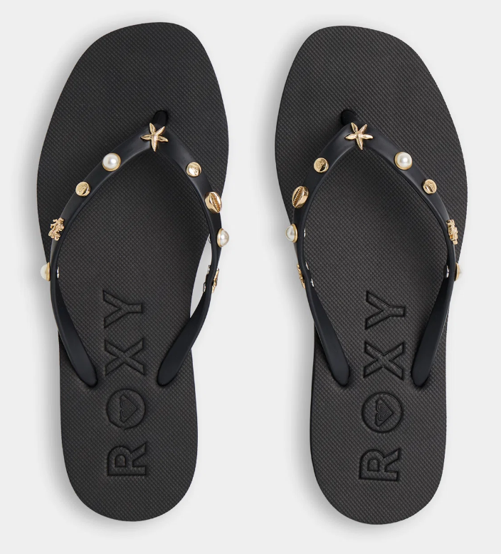 Roxy Hema Women's Jandals in black with metallic looking shell adornments showing a pair from above