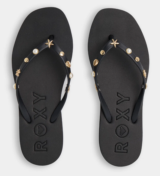 Roxy Hema Women's Jandals in black with metallic looking shell adornments showing a pair from above