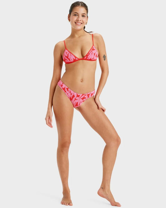 Roxy Khloe Fixed Tri with Cheeky Pant Bikini in tomato klaeido colourway red and pink on model full length photo from front